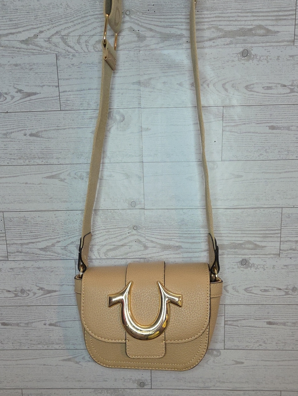 Beige True Religion Mini Crossbody Bag with Gold Accent